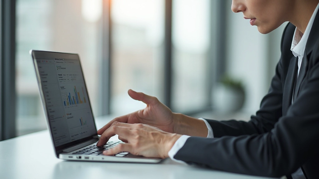 Professionelle Person vergleicht Bankprodukte und Sparkonten am Laptop