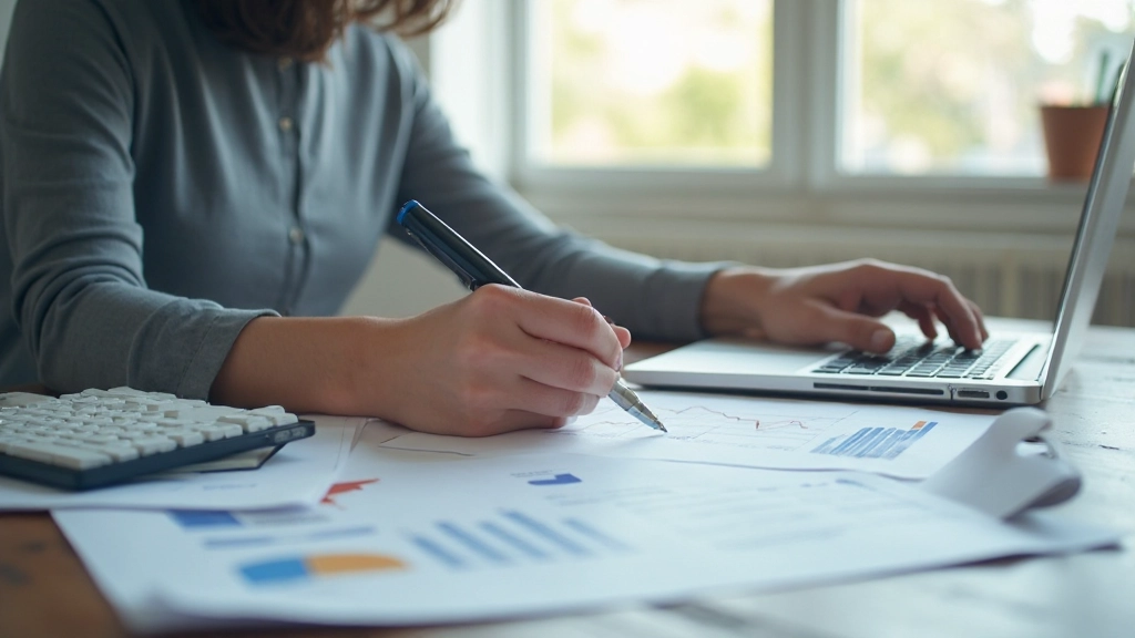 Anatomisch korrekte Person analysiert Finanzdiagramme und Vermögensaufbau-Daten auf Laptop mit Notizbuch